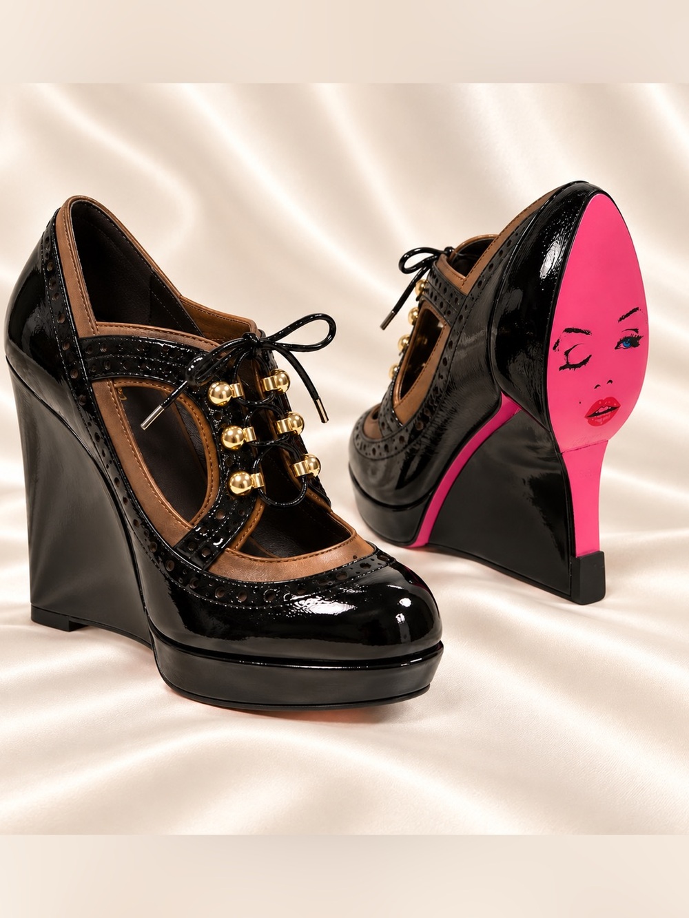 Betsey Johnson Tadum Wedge Heels Black Patent Oxford Shoes Pink Marilyn Soles